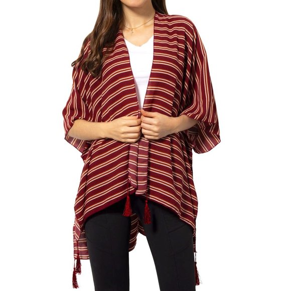 Boutique Tops - KIMONO Tunic Top, Burgundy-Wine, Stripe w/ Tassels O/S M - XL